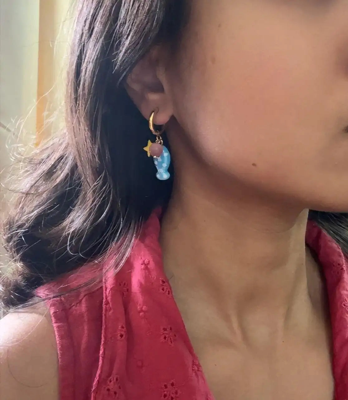 Blue Fish Earrings Side View of Too Dramatic
