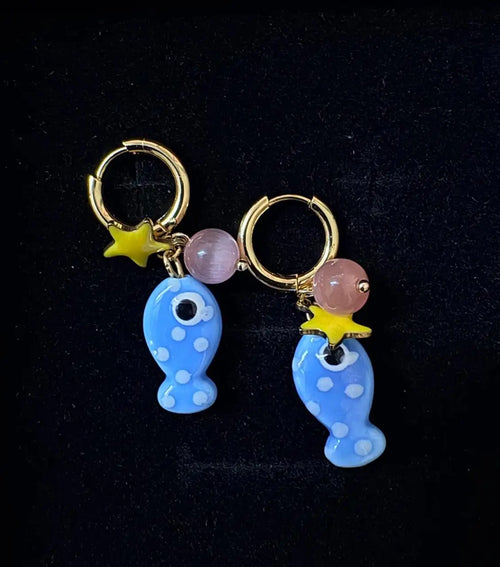 Blue Fish Earrings, Top View of Too Dramatic