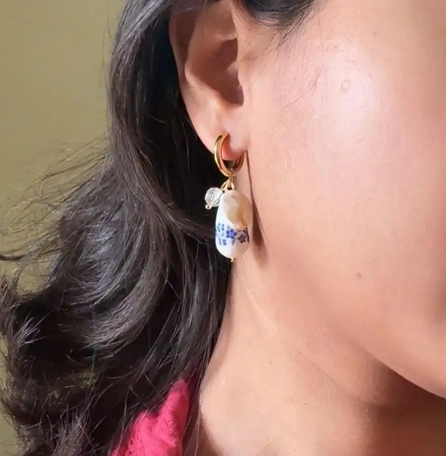 Blue Floral Drop Earrings of too dramatic sideview