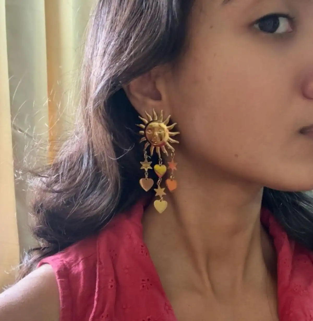 Sun Heart Earrings, Side View Too Dramatic
