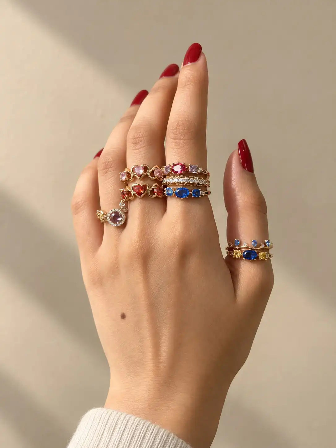 Ring styled with a stacking ring of Too Dramatic